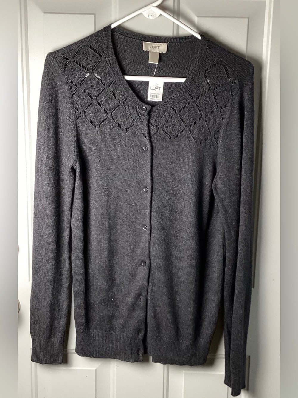 LOFT Charcoal Gray Openwork Yoke Button-Up Cardigan